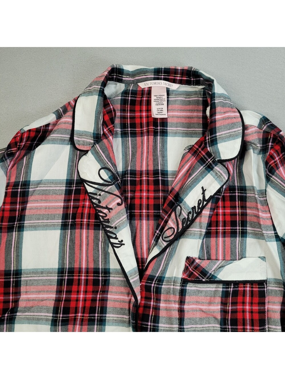 Victorias Secret Flannel Pajama Set S Small Plaid Shimmer Red Pink Metallic PJs - Picture 4 of 13